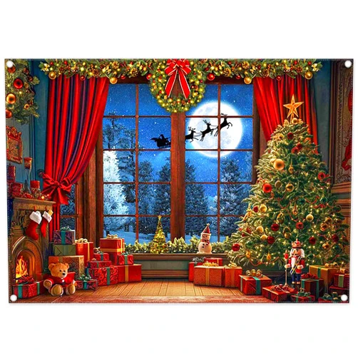 ZTHMOE Fabric 7x5ft Christmas Window Photography Backdrop Winter Merry Xmas Tree Gift Background Night Snow Party Decoration Holiday Photo Banner Props