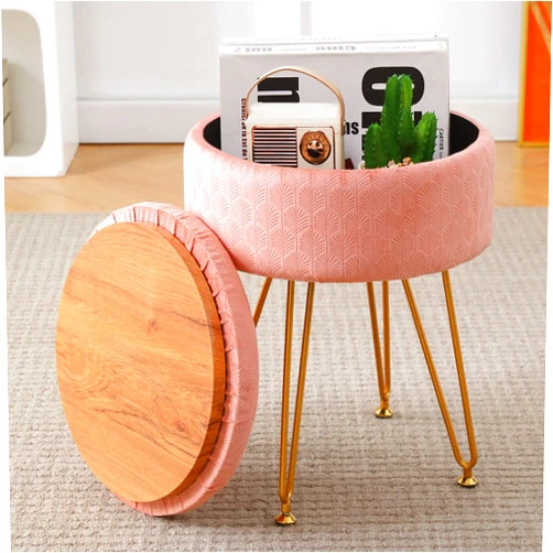Cpintltr Foot Stool Velvet Storage Ottoman with Removable Lid Round Sofa Stools Foot Rest with Padded Seat Modern Style Makeup Stool Decorative Furniture Suitable for Lounge Dorm Room Blush
