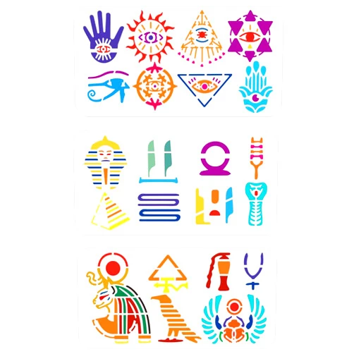 FINGERINSPIRE 3 Pcs Egypt Symbols and Patterns Stencil 5.9x11.8Inch PET Egyptian Hieroglyphic Stencils Reusable Egypt Cartouche Sphinx Eye of Horus Stencil Egyptian Totem Template for Wood Floor Wall