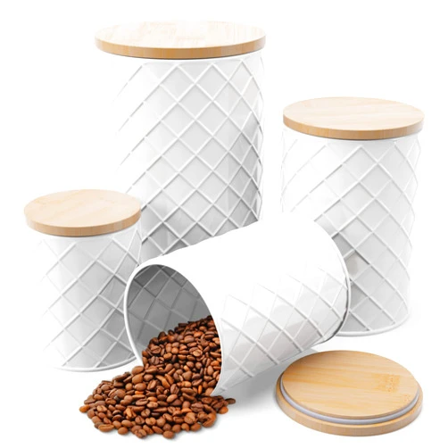 Pebble & Stem White Metal Canisters Sets for the Kitchen Counter, Kitchen Canisters Set of 4, Airtight Lids,Sugar and Flour Containers for Countertop, Coffee and Tea Storage, Farmhouse Decor