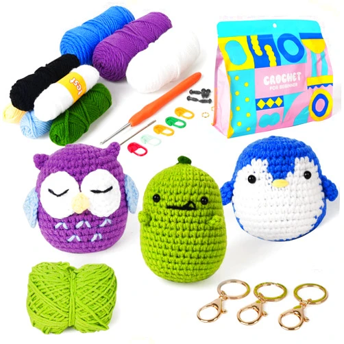 JOJOJOSDA Beginners Crochet Kit,3 Set Crochet Animal Kit,DIY Crochet Kit for Beginners, Crochet Kits for Kids and Adults, with Instructions and Step-by-Step Video Tutorials (Penguin+Dinosaur+Owl)