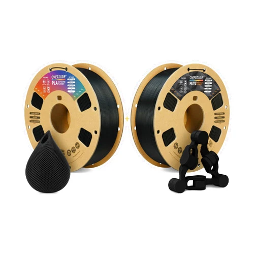 OVERTURE 3D Printer Filament 2kg, PLA Filament and PETG Filament Fit Most FDM 3D Printers, 1kg per Spool, Pack of 2, PLA Black+PETG Black