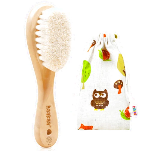 haakaa Wooden Baby Hair Brush for Newborns and Toddlers Baby Brush Natural Soft Goat Bristles Hairbrush, Ideal for Cradle Cap, Perfect Baby Registry Gift with Carry Pouch, 1PC