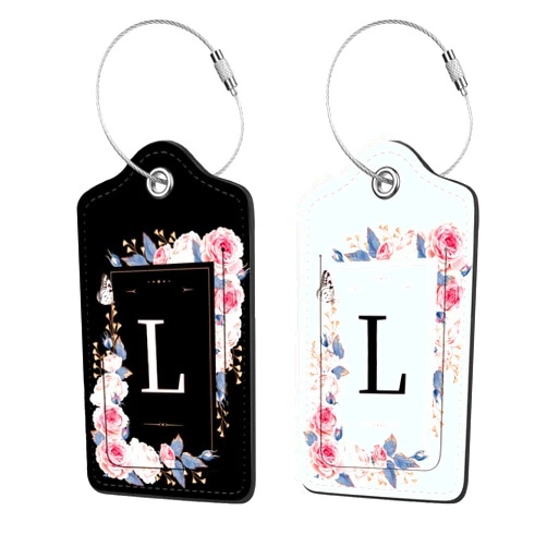 Anikathy 2 Pcs PU Leather Luggage Tag for Suitcases with Privacy Shield and Name ID Tag Address Card Travel Cruise Luggage Tag, Suitable for Men and Women Baggage Handbag Backpack,Flower and Monogram(Letter L
