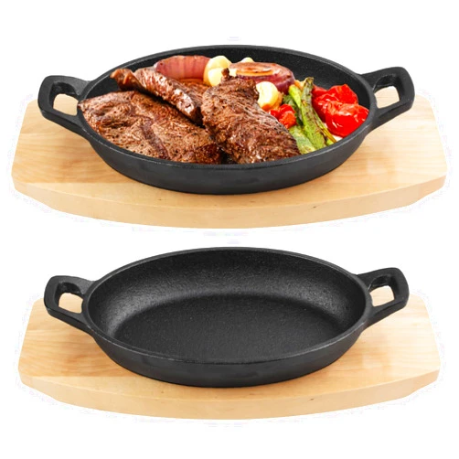 Tideme Cast Iron Skillet with Wooden Base, 2 Sets Mini Cast Iron Fajita Plate with Base, Anti-Scald Wooden Base Cast Iron Baker, Matte Black Small Cast Iron Pan for Dinner, BBQs, Kitchens, Restaurants