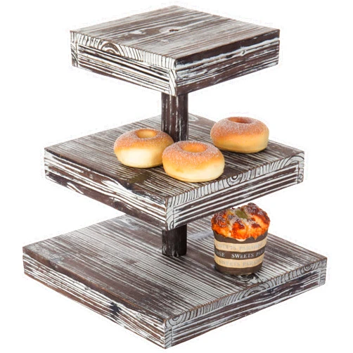 MyGift 3 Tier Rustic Torched Wood Square Cupcake Tower and Cake Stand, Tiered Wooden Dessert Serving Tray, Appetizer Display Riser, Tea Party Table Decor