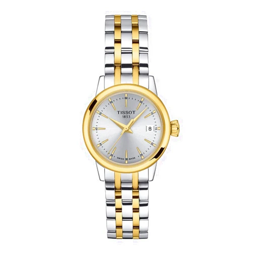 Tissot womens CLASSIC DREAM LADY 316L stainless steel case with yellow gold PVD coating Quartz Watch, Yellow/Grey, Stainless steel, 14 (T1292102203100)