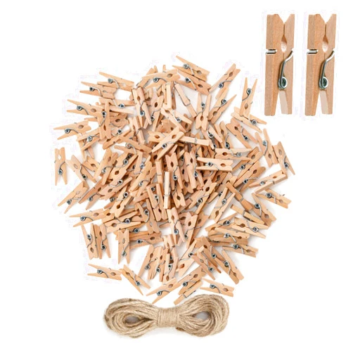 AHeemo Mini Clothes Pins, 120 Pcs Natural Wooden Clothespins with 10m Jute Twine, 1 Inch Mini Wooden Clips, Mini Clothes Pins for Photo Crafts DIY Weddings and Cocktails Décor