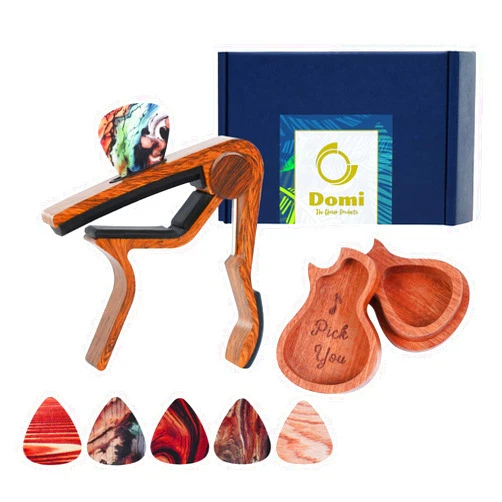 Domi The Chosen Products Guitar Capo Gift Set - Includes 1 Capo, 1 Pick Holder & 6 Picks - Personalized Gift for Acoustic Guitar 6 String, Electric Guitar & Bass Players (Rosewood)