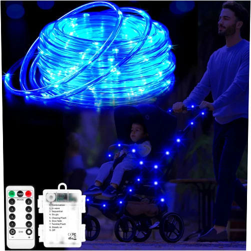 Qlonn 16.4Ft Stroller Lights for Walking at Night - 50 LEDs 8 Modes Outdoor Waterproof Baby Stroller String Lights Dimmable/Timer with Remote for Bike Camping Party Garden Holiday Decoration (Blue)