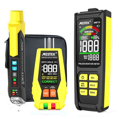 MESTEK Electrical Test Kit with Digital Moisture Meter, Non-Contact Voltage Tester, GFCI Outlet Tester, Home Inspector Tool Kit, 3-Piece with Carry Case and Batteries