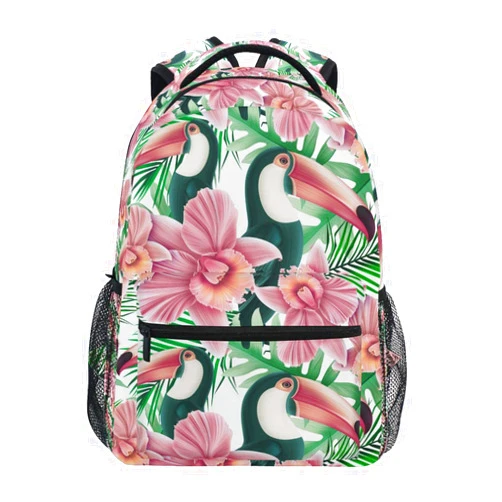 QUGRL Spring Parrots Pink Flower School Backpack for Girls Boys Summer Birds Leaf Large Bookbag Laptop Computer Bag Casual Hiking Travel Daypack Backpack Schoolbag for Teens College 16 Inch
