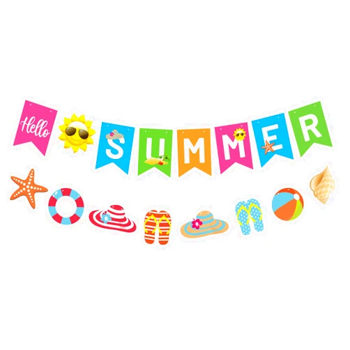CAVLA Hello Summer Banner and Beach Patterns Banner Colorful Summer Bunting Banner with Sun Signs Summer Birthday Beach Pool Party Banner for Wall Mantle Fireplace Party Hanging Decorations
