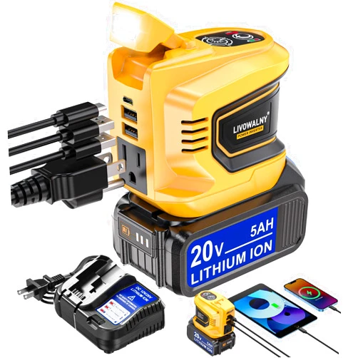 LIVOWALNY 200W Power Inverter for Dewalt 20V Max Battery, Battery Inverter DC 20V to AC 110V-120V, Portable Power Adapter AC Adapter with a 5AH Battery & a Charging Station & 2 USB-A & 1 Type-C & 1 AC