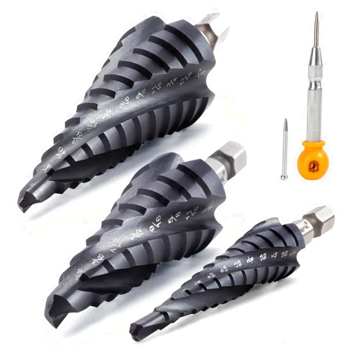 MulWark Four Spiral Flute Cobalt Step Drill Bit Set and Automatic Center Punch, Industrial Grade Aluminium Titanium Nitride Coated Step Bit, Hex Shank Unibit Step Bits for Metal, Stainless Steel
