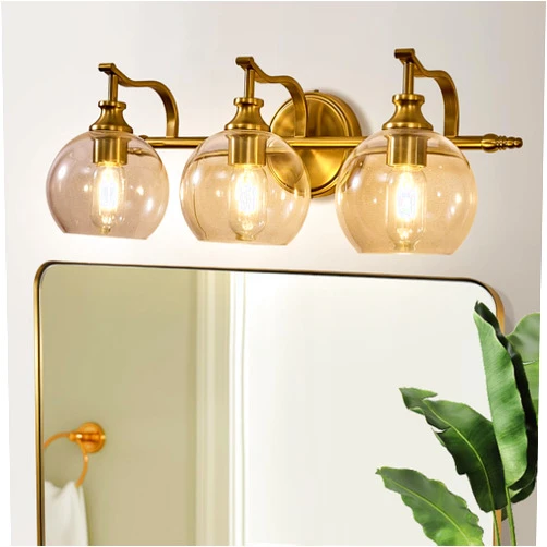 ANDY STAR Bruhsed Gold Bathroom Light Fixtures, Gold 3 Light Bathroom Vanity Lights, 3 Lights Wall Light with Globe Clear Lampshade, Vintage Brass Sconce with Metal Lamp Body for Bedroom, Living Room
