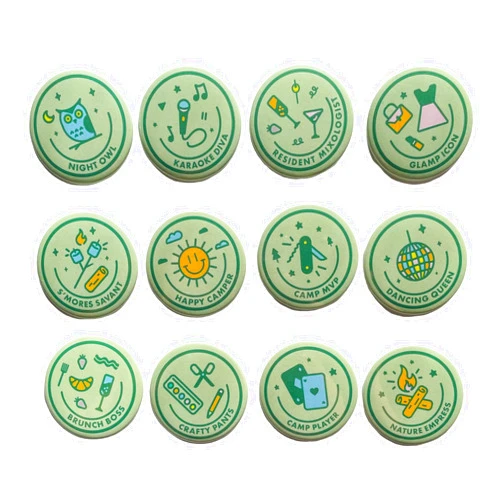 SilvanSculpt Camp Bachelorette Party Badges, Set of 12 Bachelorette Party Gift Badges for Bachelorette Party Kinds with Unique Titles