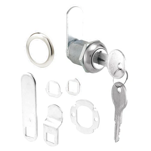 Prime-Line U 9943 Diecast Drawer and Cabinet Lock – 3 Cams, Trim Collar, 2 Washers, 2 Keys and Fasteners – 7/8 In. Length for 9/16 In. Max Panel Thickness, Stainless Steel (1 Set)