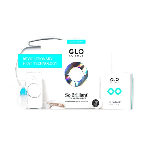 GLO Science So Brilliant Tooth Whitener Set – Unique Heat Technology for Fast, Sensitivity Free Teeth Whitening – Patented Mouthpiece with LED Light, Gel Pods with 6% HP, Lip Balm, & Travel Case