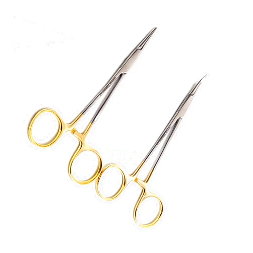 Cynamed Premium German Stainless- Set of 2 PCS Gold Handle Mosquito Locking HEMOSTAT Forceps Straight + Curved 5