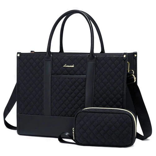 LOVEVOOK Laptop Bags for Women, 15.6 inch Waterproof Work Tote Bag with Clutch, Professional Teacher Computer Purse Lightweight Shoulder Bag Travel, Quilted Black