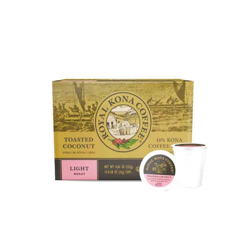 ROYAL KONA COFFEE FOR ROYALTY Royal Kona Toasted Coconut, 10% Kona Coffee Blend, Light-Roast Single-Serve Coffee Pods, Compatible with pod brewing systems, A Taste of Aloha - (12 Count Box)
