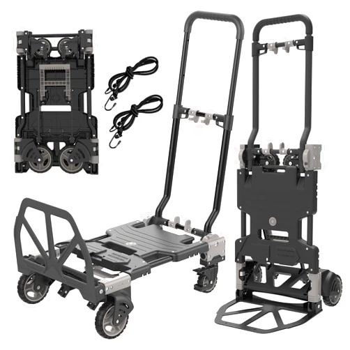 Hengriacly 2 in 1 Folding Hand Truck Dolly, 330LB Heavy Duty Carrying with 4 Wheels Foldable, Portable Dolly with Retractable Handle, Include 2 Bungee Cords, for Moving, Luggage, Office