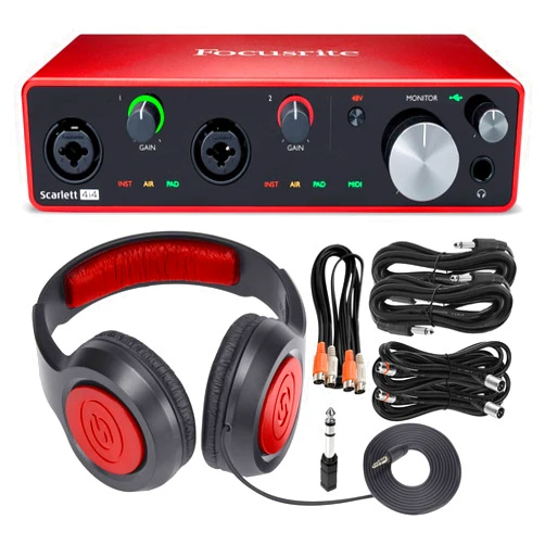 Focusrite Scarlett 4i4 4-in 4-Out USB Audio Interface (3rd Generation) + Xpix SR360 Over-Ear Dynamic Headphones, Cables and Accessories