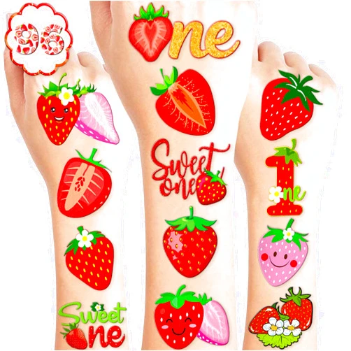 MeoIsDaBest 105 PCS Berry First Strawberry Temporary Tattoos Themed 1st Birthday Party Favors Supplies Decorations Decor Cute Sweet One Red Fruit Tattoo Stickers Gifts For Boys Girls Class Prizes Carnival Cartoon