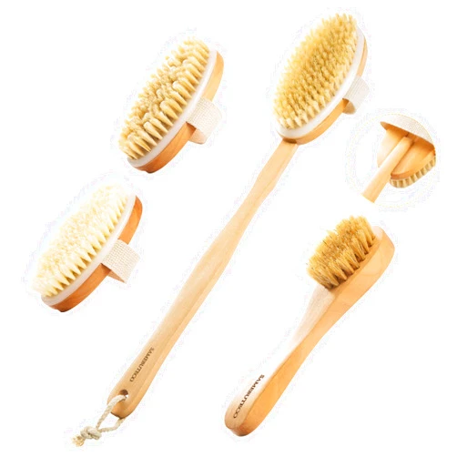 SAMEBUTECO Dry Brushing Body Brush Set Wood Long Handle with 3 Detachable Heads, Face Brush,Body Scrubber Boar Bristle Exfoliator for Lymphatic Drainage and Cellulite,Back Scrubber for Shower