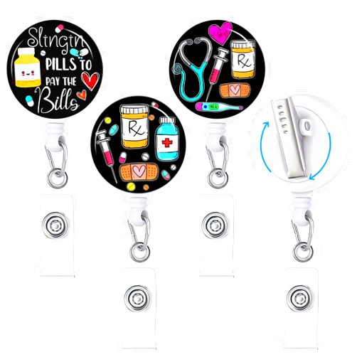 Gctriki 3 Pieces Pharmacy Badge Reel Retractable with Alligator Clip, Funny Pill Retractable ID Badge Holder ID Card Holder Name Badge Clip, Nurse Medical Pharmacy Technician Office Work Supplies