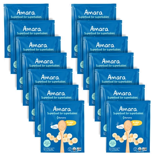 Amara Organic Baby Food - Stage 1 - Banana - Baby Cereal to Mix With Breastmilk, Water or Baby Formula - Shelf Stable Baby Food Pouches Made from Organic Fruit - 14 Pouches, 3.5oz Per Serving