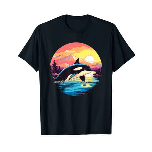 Orca Wildlife Ocean Sunset Nature Art Orca Whale Mountain Sunset Adventure T-Shirt
