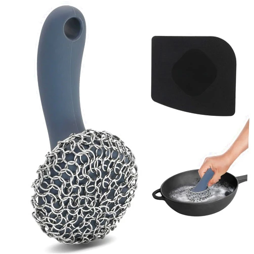 TMEDW Cast Iron Scrubber with Long Handle | 316 Cast Iron Cleaner Chainmail Scrubber for Cast Iron Pan Skillet Cleaner - Dish Scouring Pad Dishwasher Safe Cleaning Kit (Grey, 1 Scrubber + 1 Scraper)