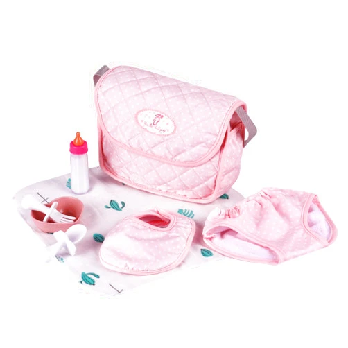 BABESIDE 8 Pcs Baby Doll Diaper Bag Set for 17-22 inch Dolls, Baby Doll Feeding Accessories with Disappearing Milk Toy Baby Bottle and Spoon Fork Bowl for Pretend Play Toys, Pink