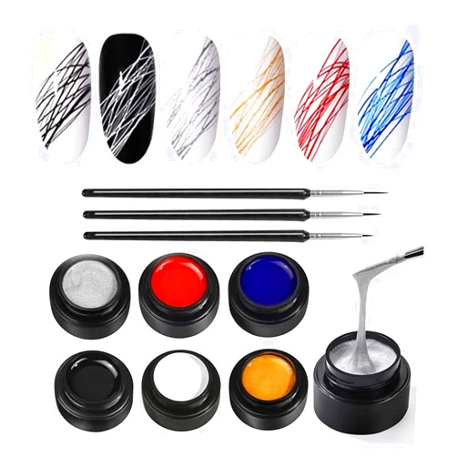 XOINLLA 6 Colors Spider Gel, XOINLLA Painting Elastic Drawing Spider Gel , Soak off UV LED Gel Polish, Drawing Nail Gel for Line, DIY Nail Art Manicure with Draw Brush