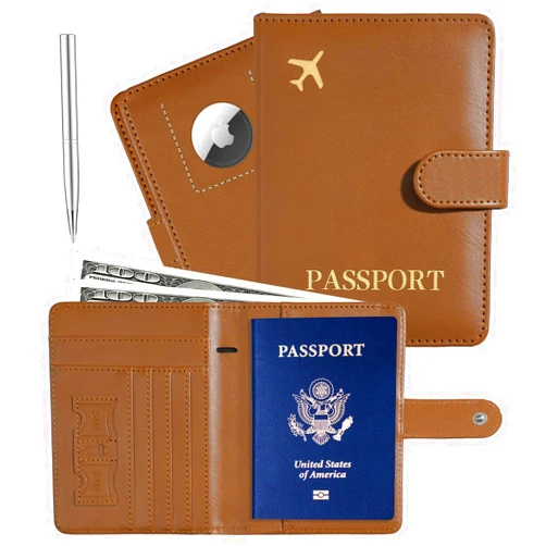 Beanumerous Passport Holder with Airtag Slot Cards Cash Air Ticket Pocket, Travle Gifts for Women Men RFID Blocking Wallet, Passport Book Cover Case Brown