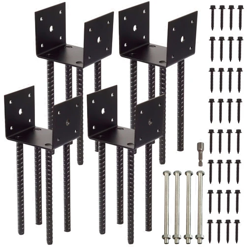 LADECH Fence Post Holder Ground Spike Use for Concrete Deck - Post Base Anchor Metal Black Powder Coated 4 Inches x 4 Inches (Inner Dia 3.5x3.5) 4 Pack