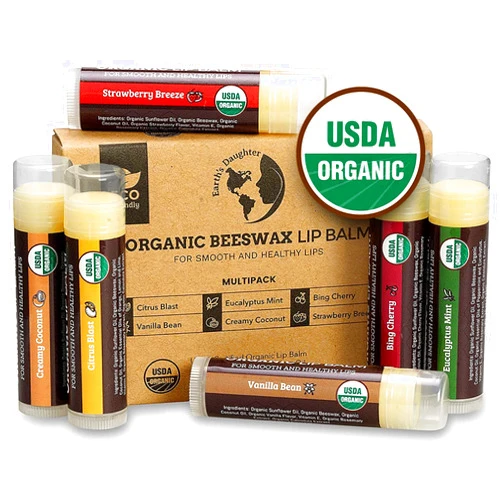 Earth's Daughter USDA Organic Lip Balm 6-Pack by Earth's Daughter - Fruit Flavors, Beeswax, Coconut Oil, Vitamin E - Best Lip Repair Chapstick for Dry Cracked Lips - Moisturizing Lip Care