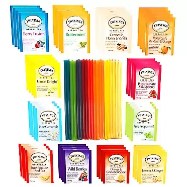Tea Bunch Twining Tea Bag Sampler Set Box 12 Flavors Tea Bags Sampler Assortment 48 Assorted Twining Teas with 20 Honey Sticks for Tea - Honey Straws Twinings Herbal Tea Caffeine Free Tea Sampler