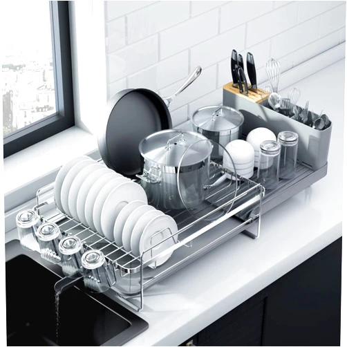 Kitsure Large Dish Drying Rack - Extendable Dish Rack, Multifunctional Dish Rack for Kitchen Counter, Anti-Rust Drying Dish Rack with Cutlery & Cup Holders 19.2