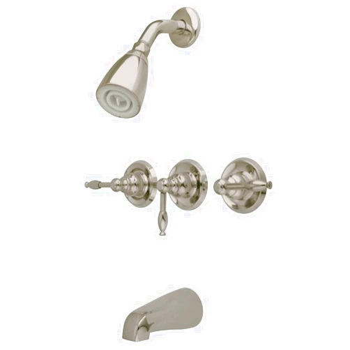 Kingston Brass KB238KL Tub and Shower Faucet with Three Lever Handle, Brushed Nickel,5-Inch Spout Reach