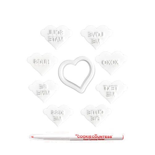 The Cookie Countess Inc The Cookie Countess Mini Conversation Heart Cookie Cutter with Stamps and Food Safe Red Marker