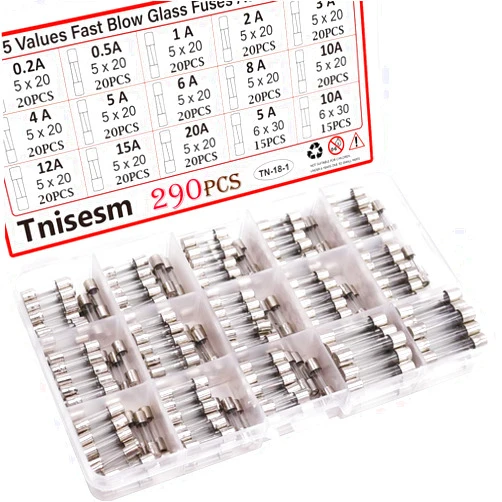 Tnisesm 15 Values Fast Blow Glass Fuses Assortment Kit 0.2A, 0.5A, 1A, 2A, 3A, 4A, 5A, 6A, 8A, 10A, 12A, 15A, 20A 5 x 20mm, 5A, 10A, 6 x 30mm 250V with Plastic Box Tn-18-1