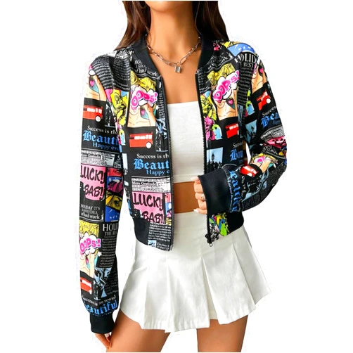 WDIRARA Women's Newspaper Graphic Print Zipper Front Long Sleeve Baseball Bomber Jacket