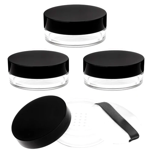 Giantree 10ml/0.34oz Refillable Loose Powder Containers, 4 Pcs Reusable Plastic Empty Makeup Powder Container with Puff, Travel No LeakLoose Powder Compact with Net Sifter, Puff and Black Screw Lid