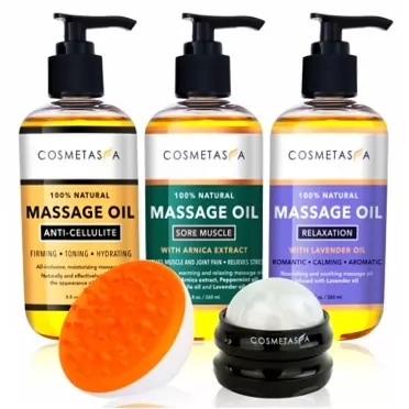 Cosmetasa Anti Cellulite, Sore Muscle & Lavender Relaxation Massage Oils with Roller Massage Ball and Massager Mitt- Perfect Spa Treatment Gift Set