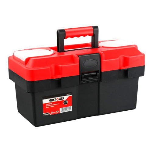 MAXPOWER Small Tool Box, 14-inch Plastic Tool Boxes with Handle, Removable Tray with Dual Lock Secured, Red Toolbox for Home