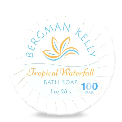 BERGMAN KELLY - Hotel Soap Bars in Bulk - Tropical Waterfall, 1 oz, 100 PK - Small Individually Wrapped Round Soap - Travel Size Mini Toiletries for Airbnb, Motel, Guest Bathroom