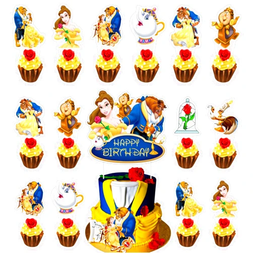 Pocacy 25pcs Beauty Party Decorations with 24pcs Beast Cupcake Toppers, 1pcs Cake Topper for Belle Birthday Party Supplies